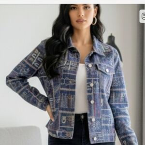 Chico's Blue and Red Patterned Jean Jacket Size 2 (Fits Like A Large)